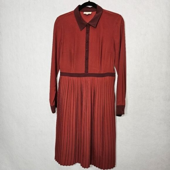 Modcloth Just My Typist Long Sleeve Pleated Shirt Dress In Brick Medium - Picture 1 of 10